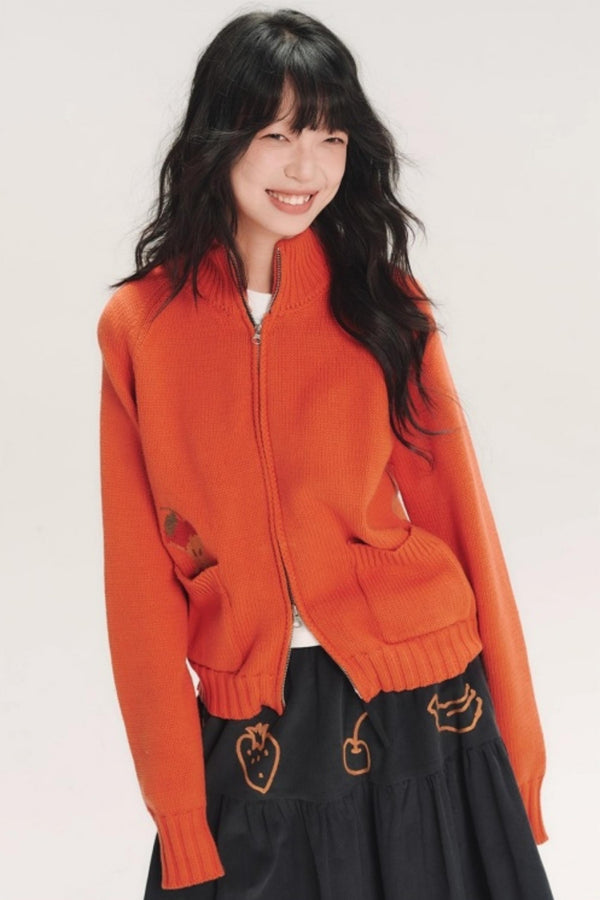 Hand-Painted Apple Embroidery Cardigan