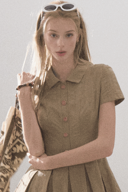 Pleated Textured Shirt Dress