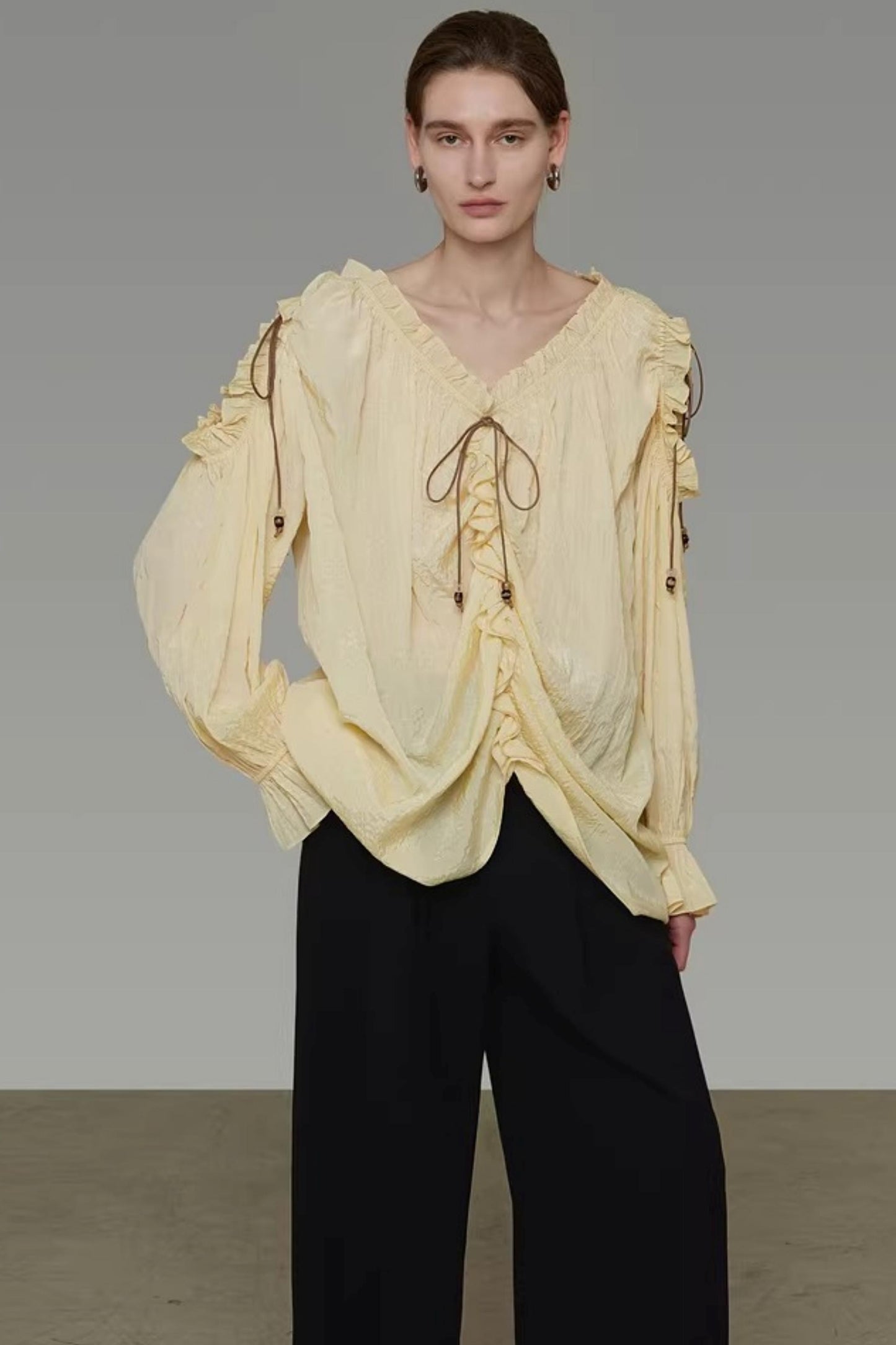 Drawstring Bead V-Neck Shirt
