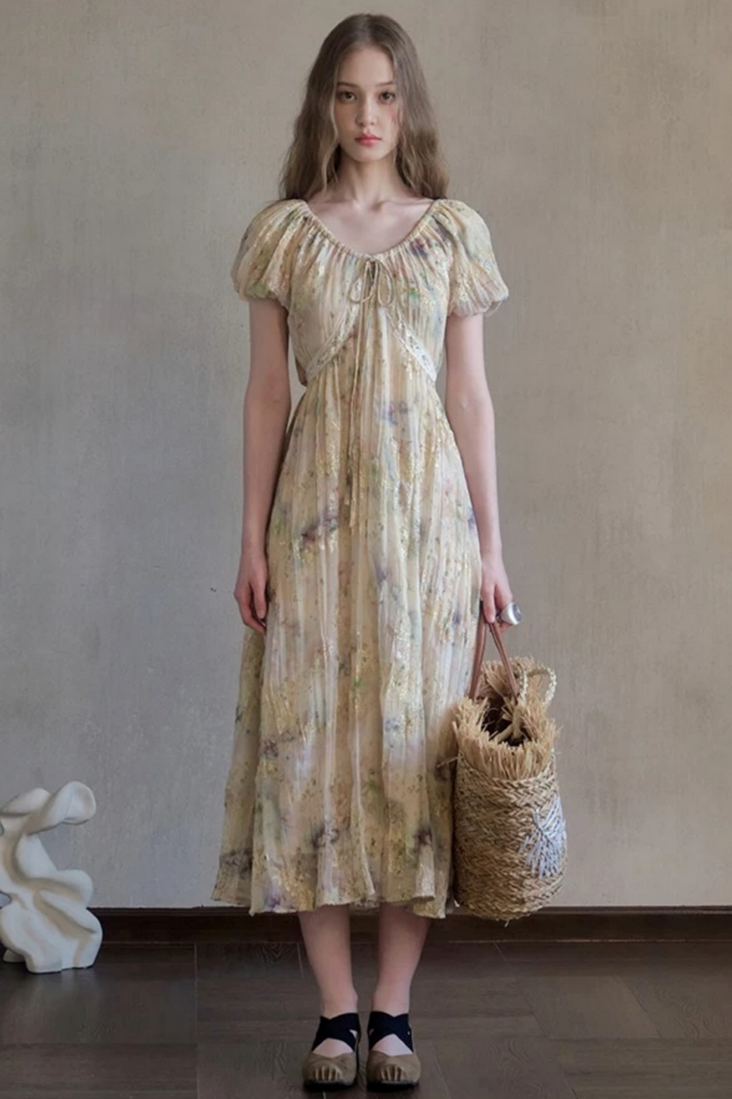 Embroidery Pleated Puff Sleeve Dress