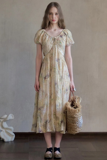 Embroidery Pleated Puff Sleeve Dress