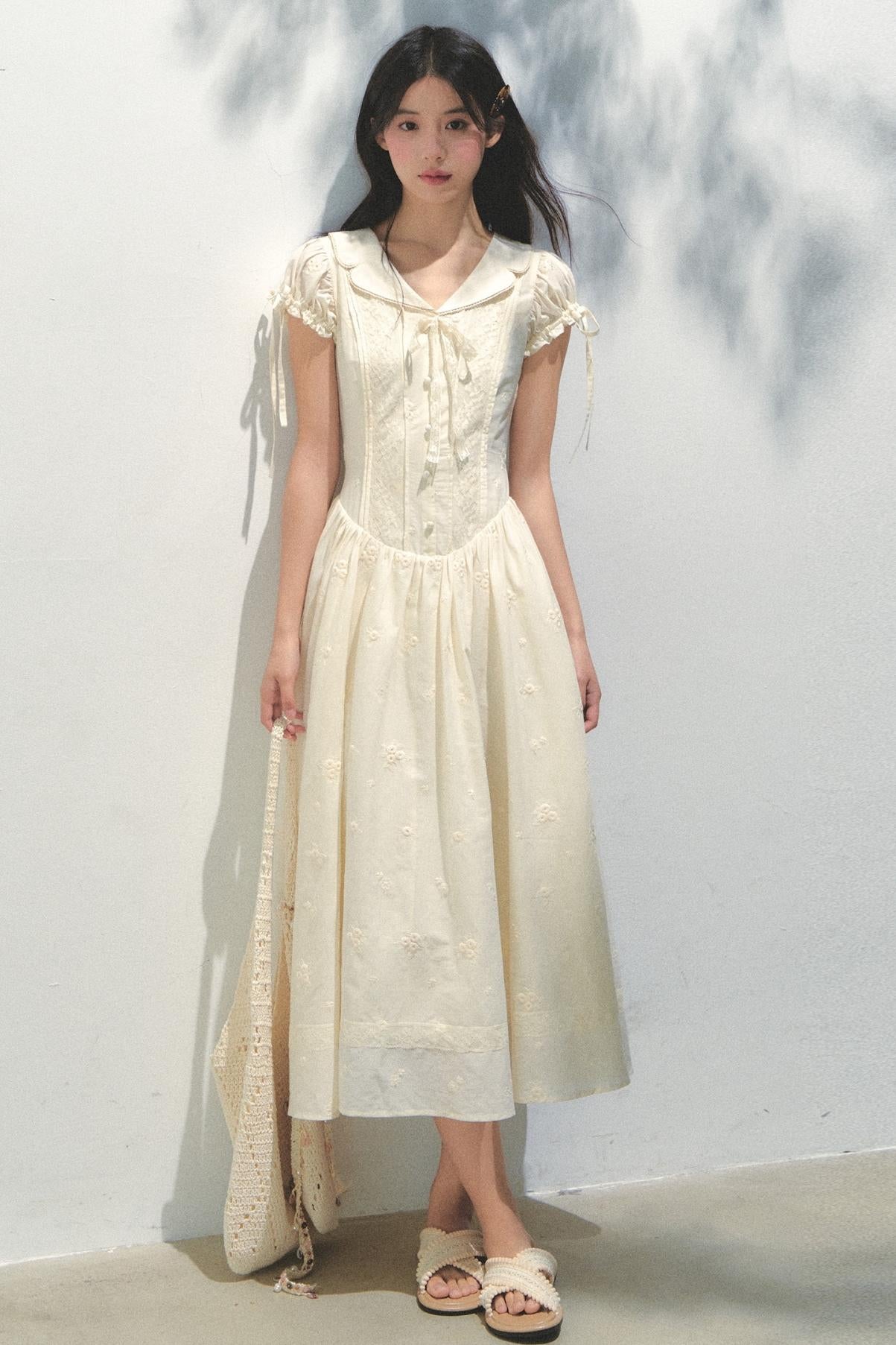 Holiday Embroidered Bubble Sleeve Dress