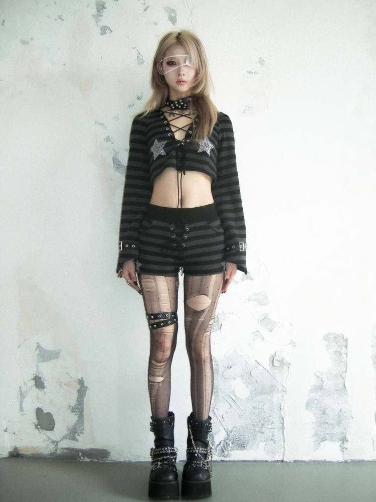 Cat Ears Border Lace Up Hoodie & Short Pants