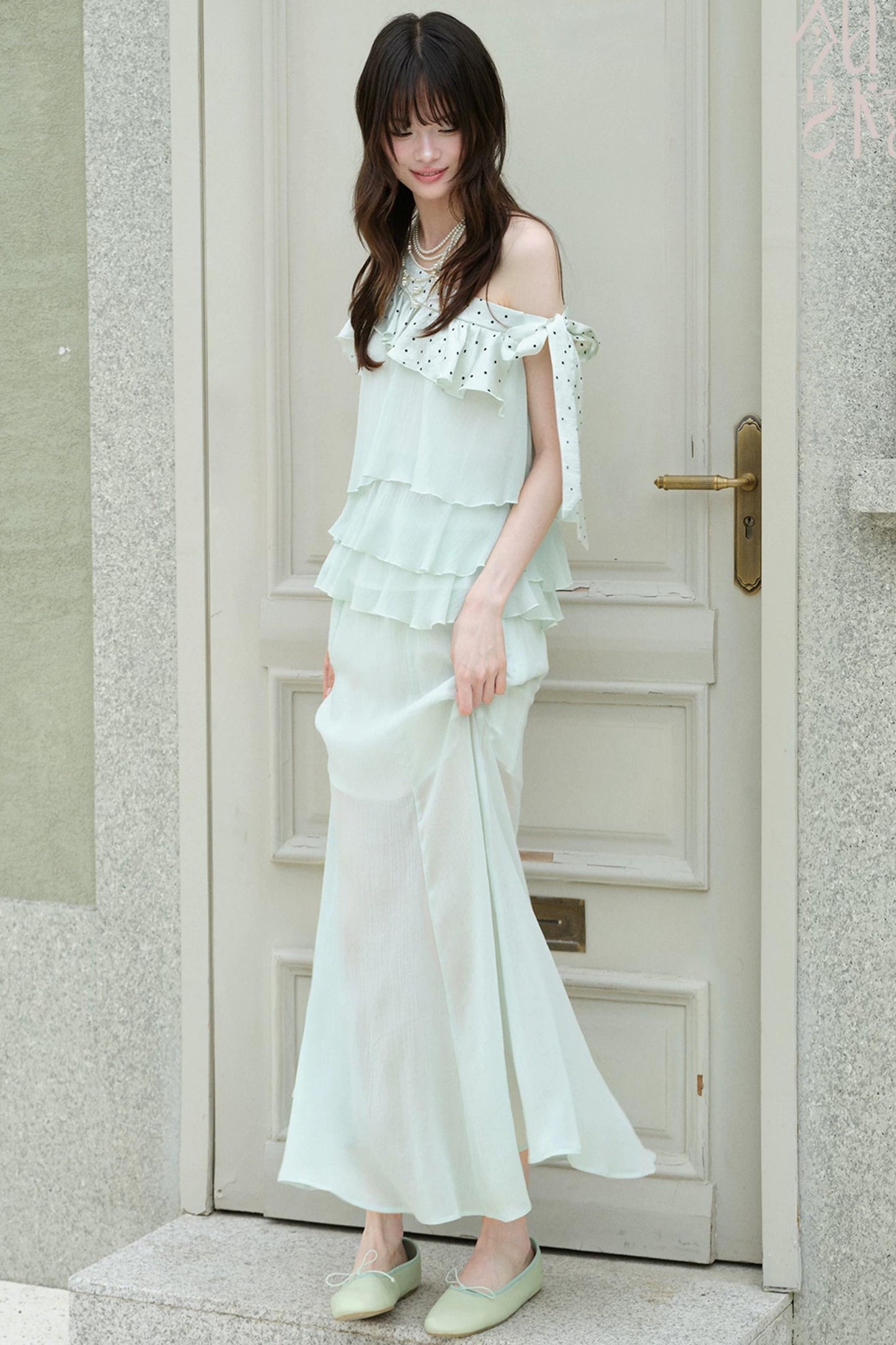 Green Acetate Tencel Polka Dot Top and Fishtail Skirt Set-Up