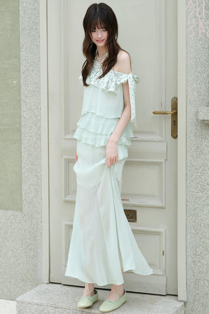 Green Acetate Tencel Polka Dot Top and Fishtail Skirt Set-Up