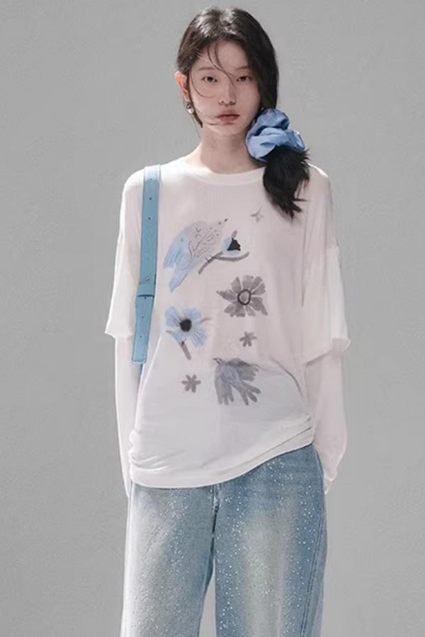 Bird and Floral Tencel Blouse