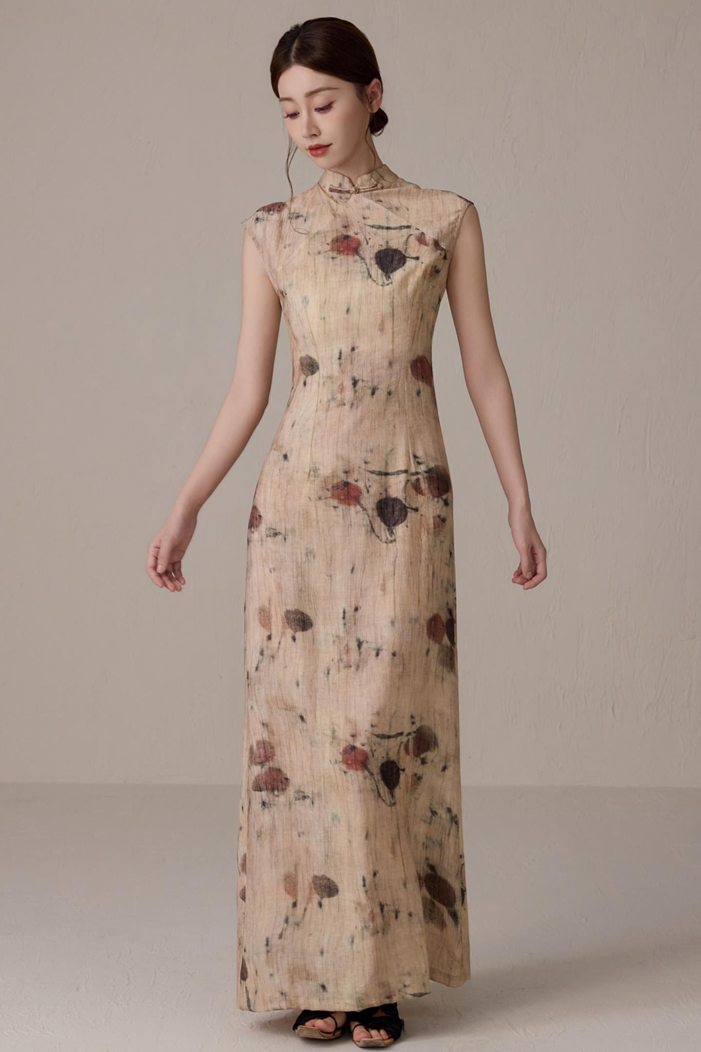 Slim Waist Floral Cheongsam Dress