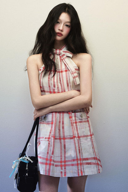 Chic Red Plaid Bow-Detail Sleeveless Dress