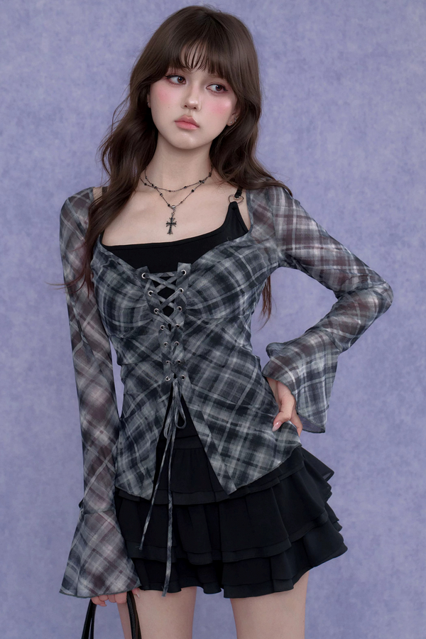Gray Plaid Tie-Neck Top Set-Up