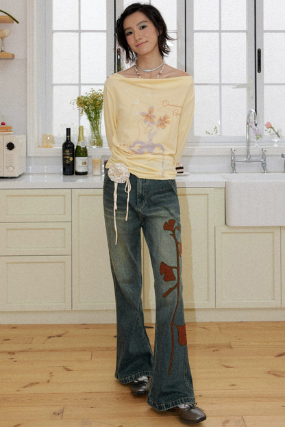 Ginkgo Leaf Embroidered Denim Pants