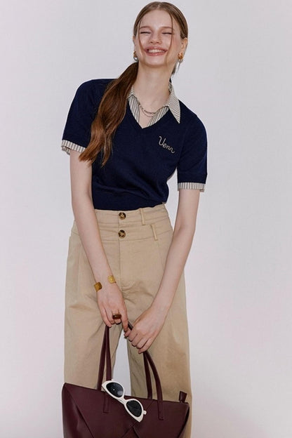 Embroidered Striped Collar Fake Two Piece T-Shirt