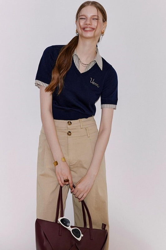 Embroidered Striped Collar Fake Two Piece T-Shirt