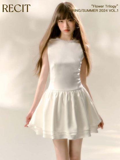 Pearl White Satin Three-Layer Sleeveless Dress