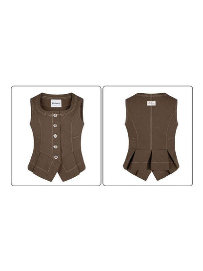 U-Neck Front Button Stitch Short Vest