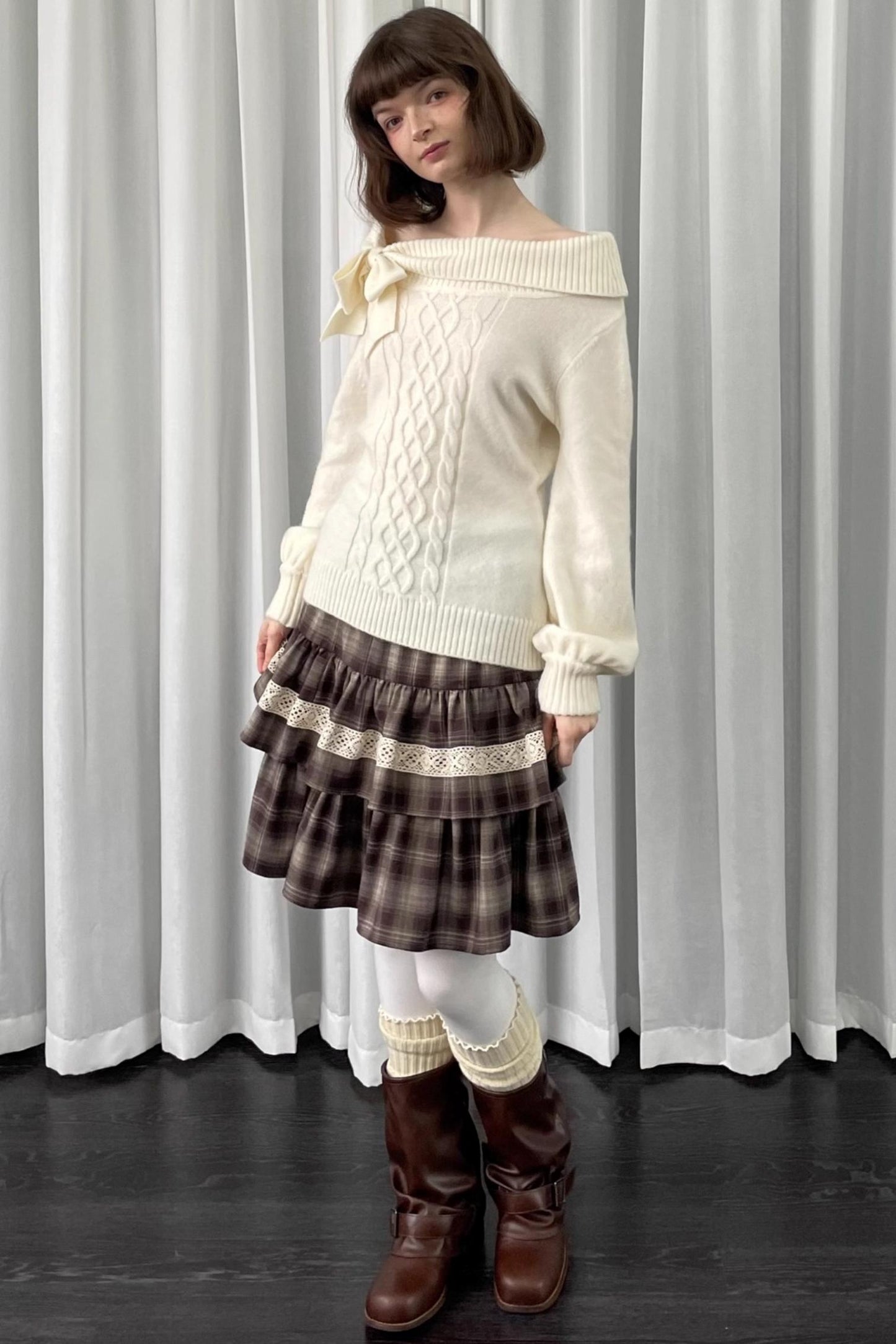 Coffee Plaid Patchwork Puffy Skirt
