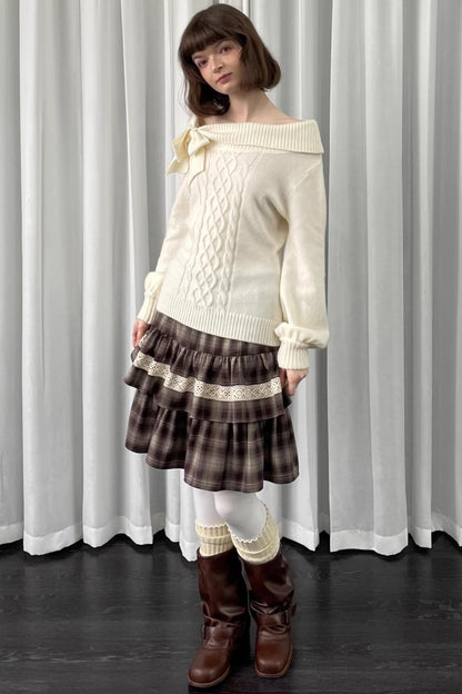 Coffee Plaid Patchwork Puffy Skirt
