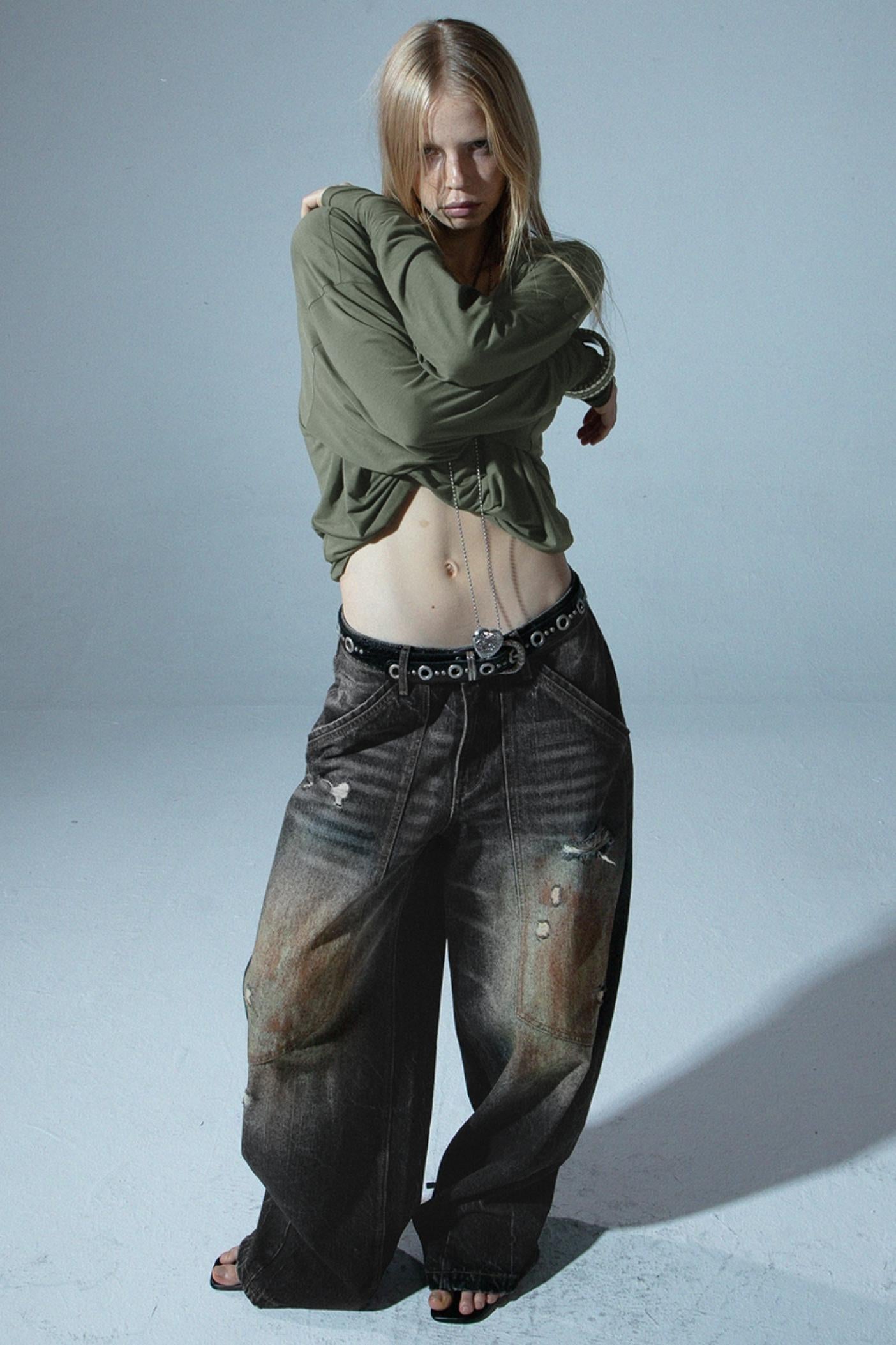 Relaxed Wide Leg Mud Dye Jeans Pants