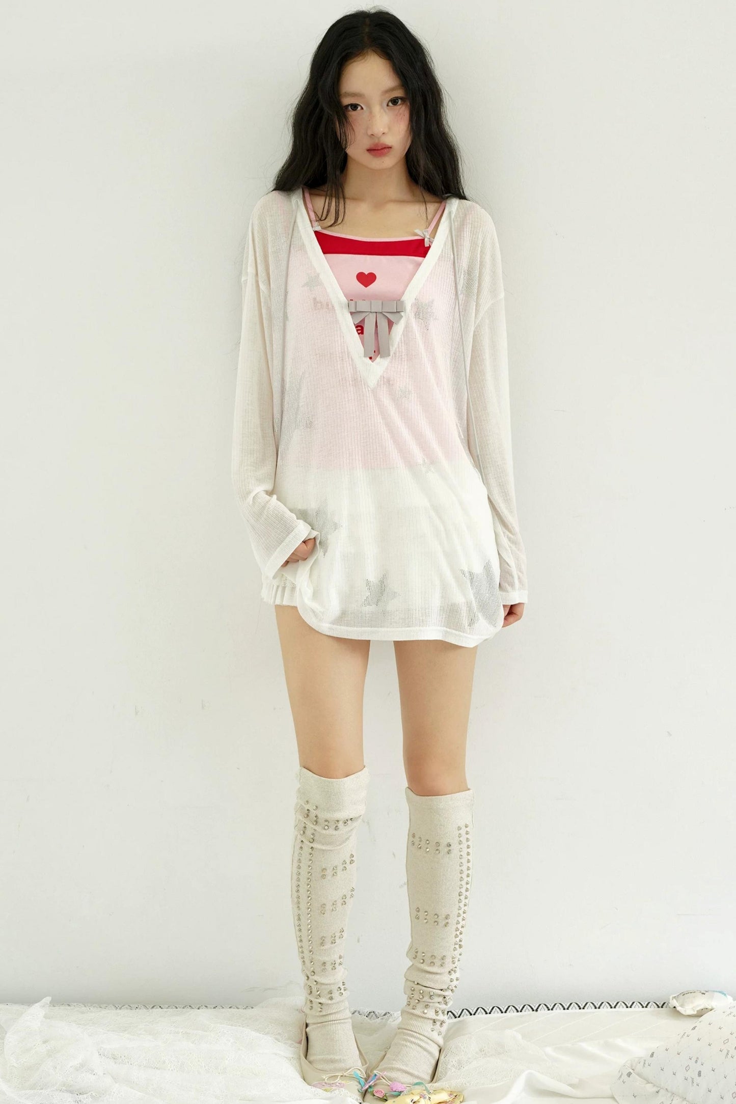 Rhinestone Bowknot Mesh Top