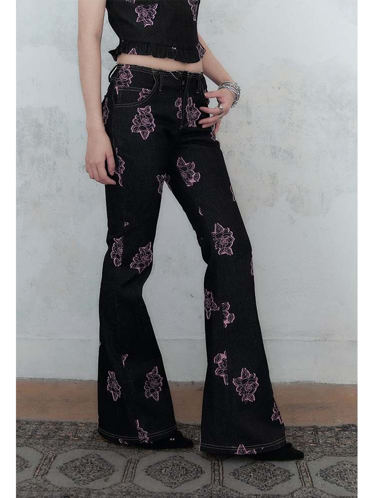 Denim Rose Print Tube Top & Bell Pants