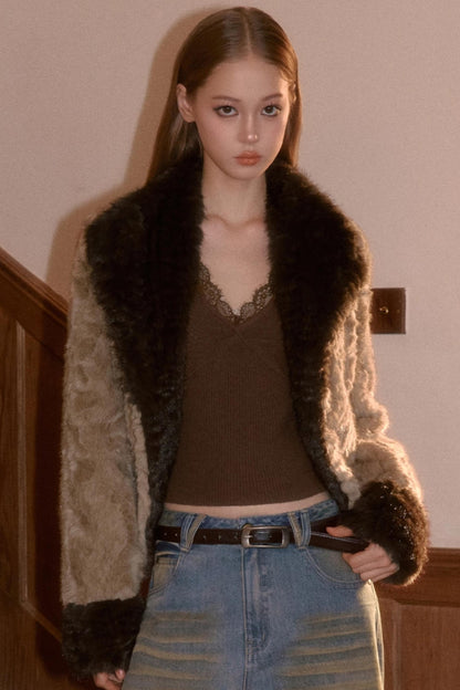 Two-Tone Patchwork Furry Coat