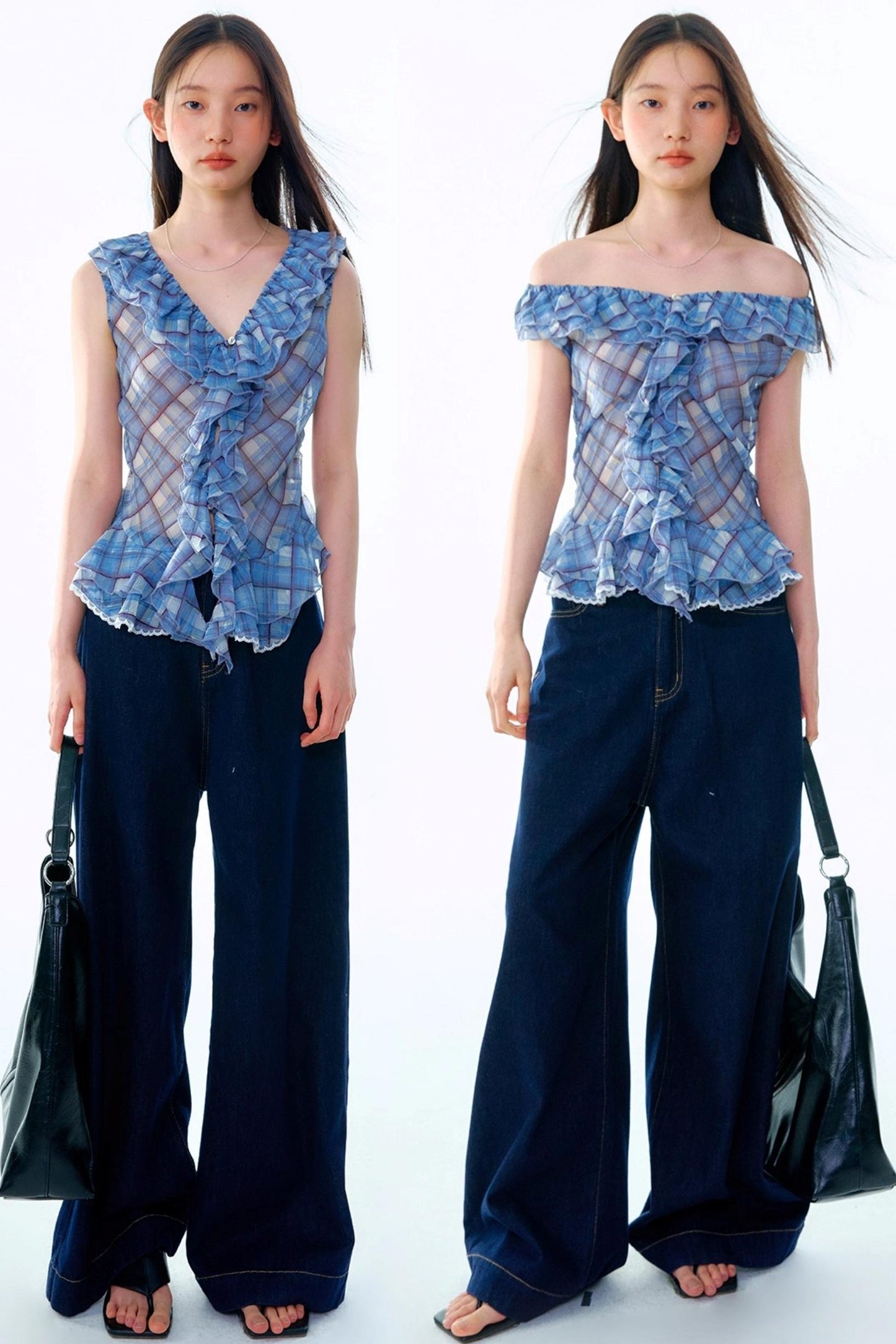 Plaid Ruffle V-Neck Top