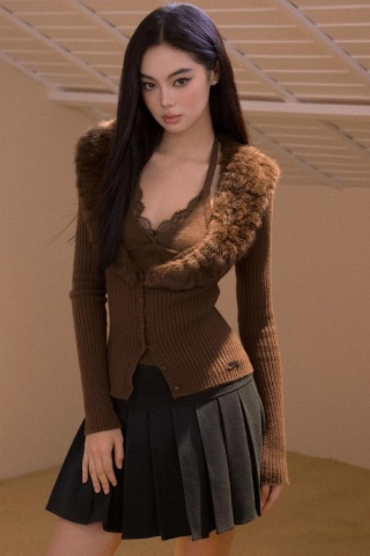 Vintage Fur Collar Knit Cardigan Set