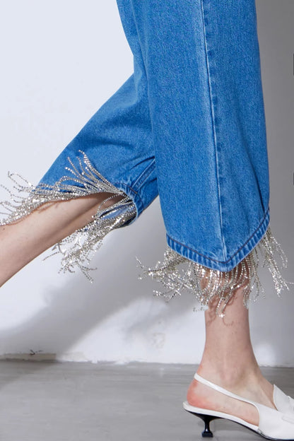 Rhinestone Tassel Cropped Jeans