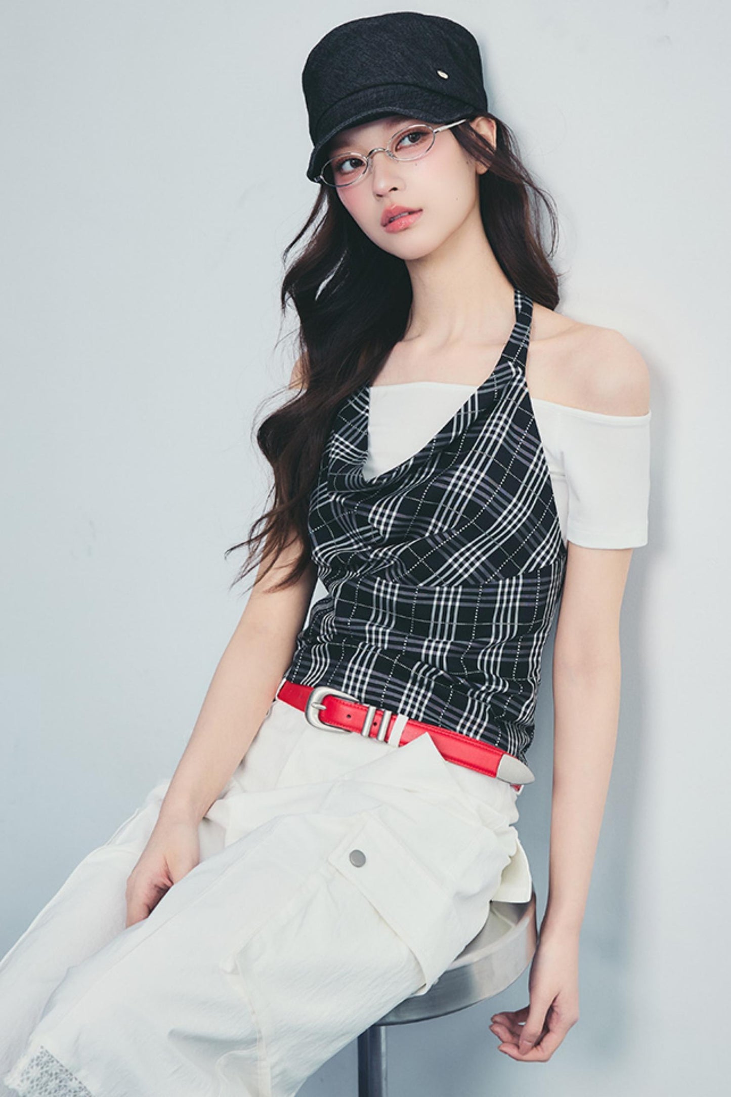 Rainy Plaid One Shoulder Cami