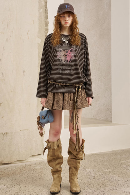 Bear Print Striped Long Sleeve T-Shirt