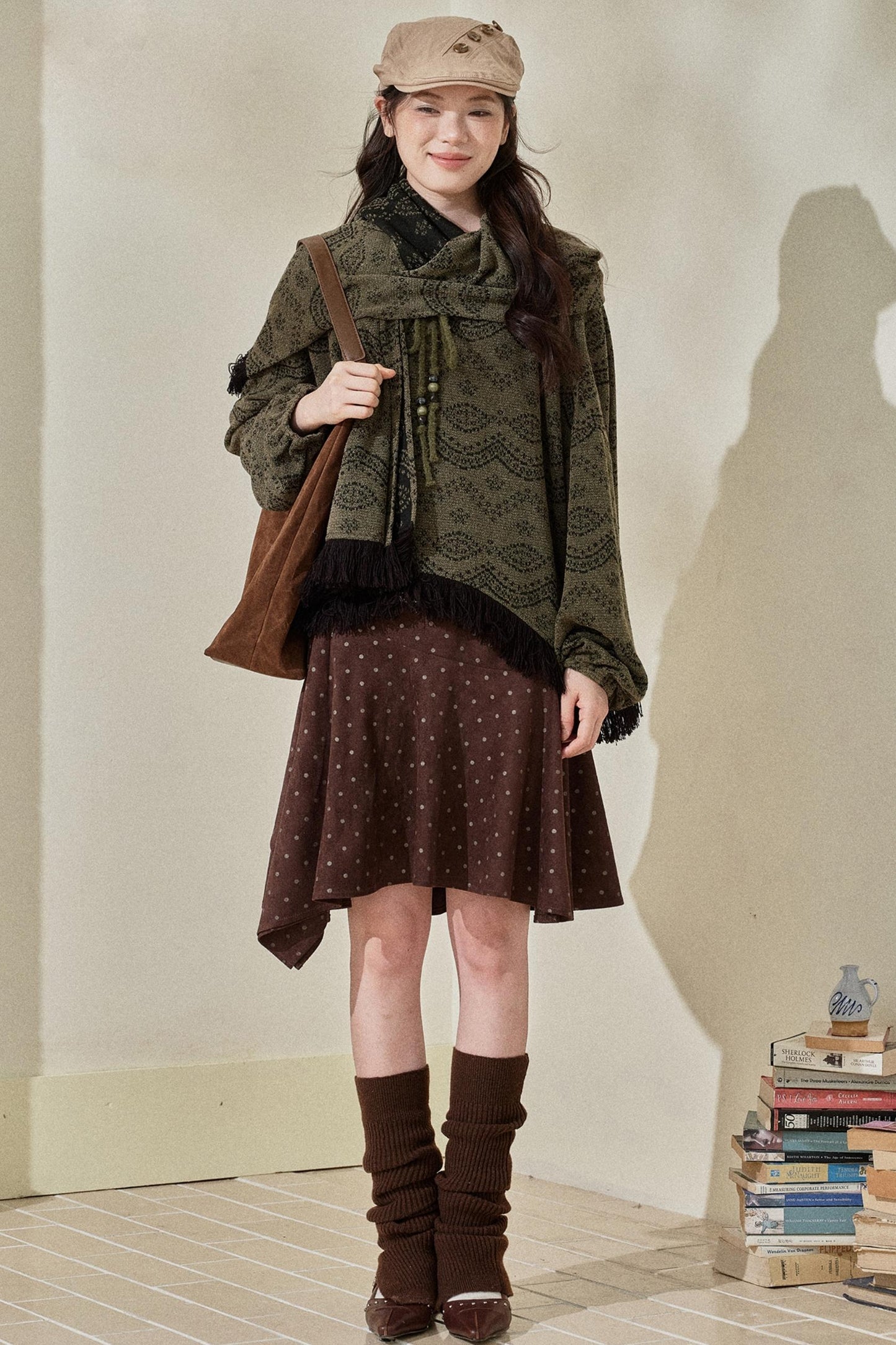 Dark Green Vintage Fringed Top & Scarf Set