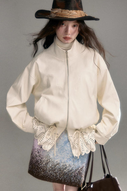 Hollow-Out Floral Leather Jacket