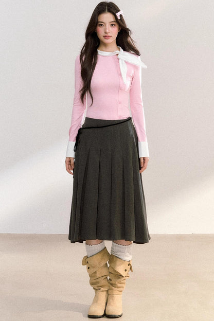 Edge Strap Pleated Midi Skirt