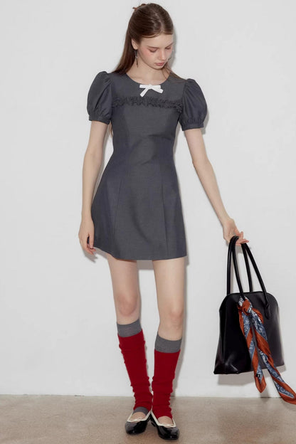 Detachable Bow Bubble Short Sleeve Dress