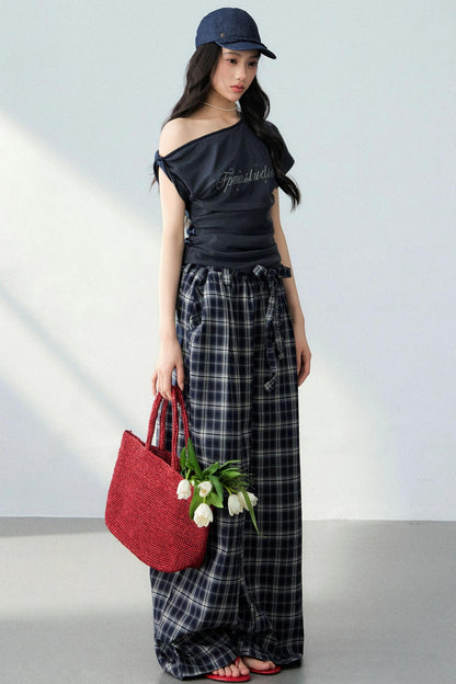 Asymmetrical Top and Plaid Pants Set-Up