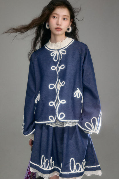 Vintage Embroidery Denim Cardigan Pants Set-Up