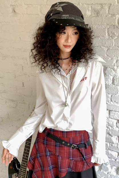 Pointed Collar Lace Print Layered-Look Blouse