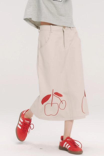 Red Cherry Embroidered Midi Skirt