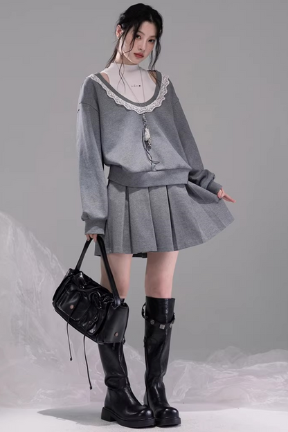 Chenwu Gray Pleated Skirt Sweatshirt Set