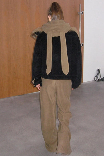 Khaki Fleece Bunny Ear Cardigan Set-Up