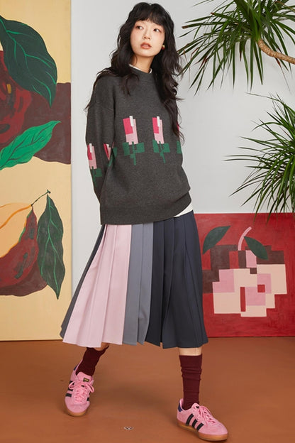 Jacquard Tulip Wool Knit Pullover