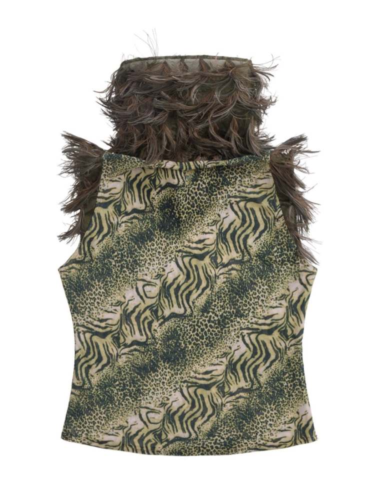 "Back to the Jungle" Leopard Print Fur Collar Tank Top