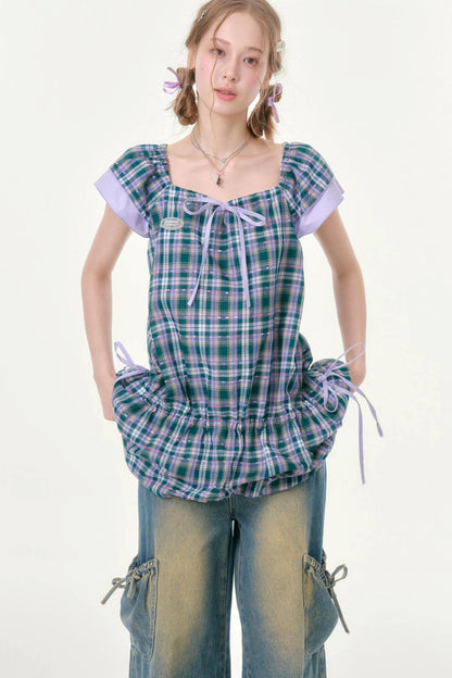 Purple Plaid Flutter Dress