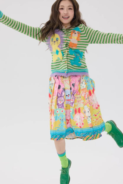 Striped Cartoon Doll Cardigan Top