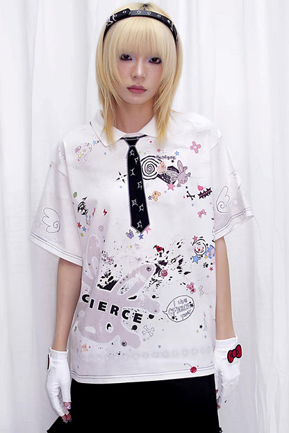 Sticker Print Embroidered Tie Polo Shirt