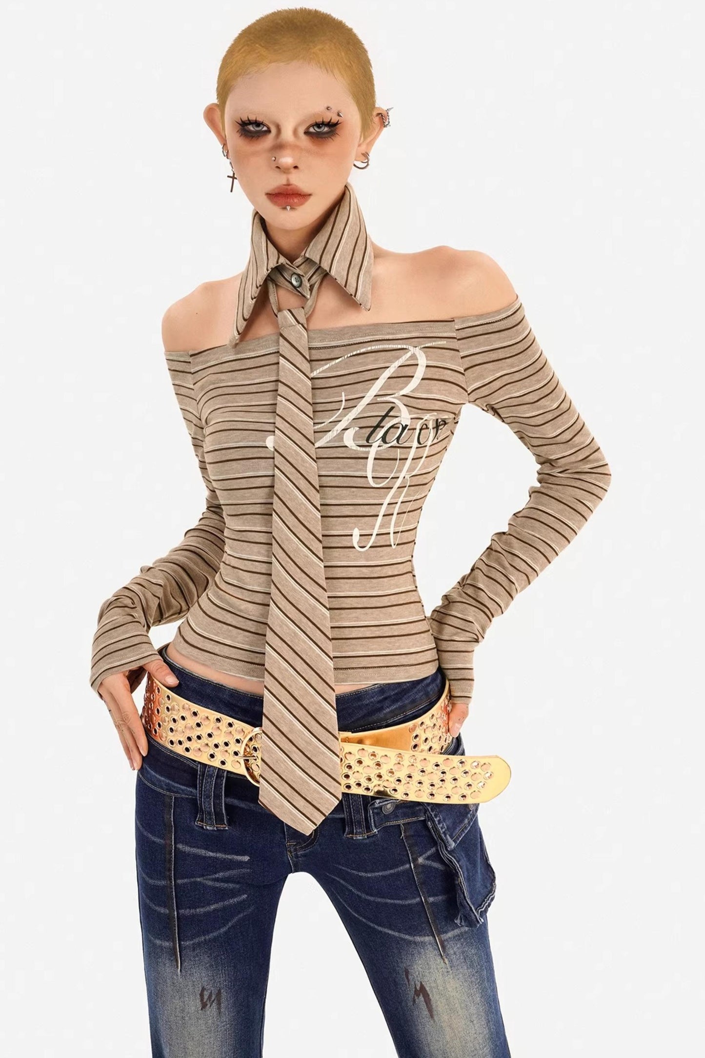 Retro Gestreiftes Off-Shoulder-Top