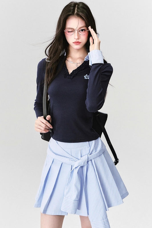 Love Letter Striped Pleated Skirt Set-Up
