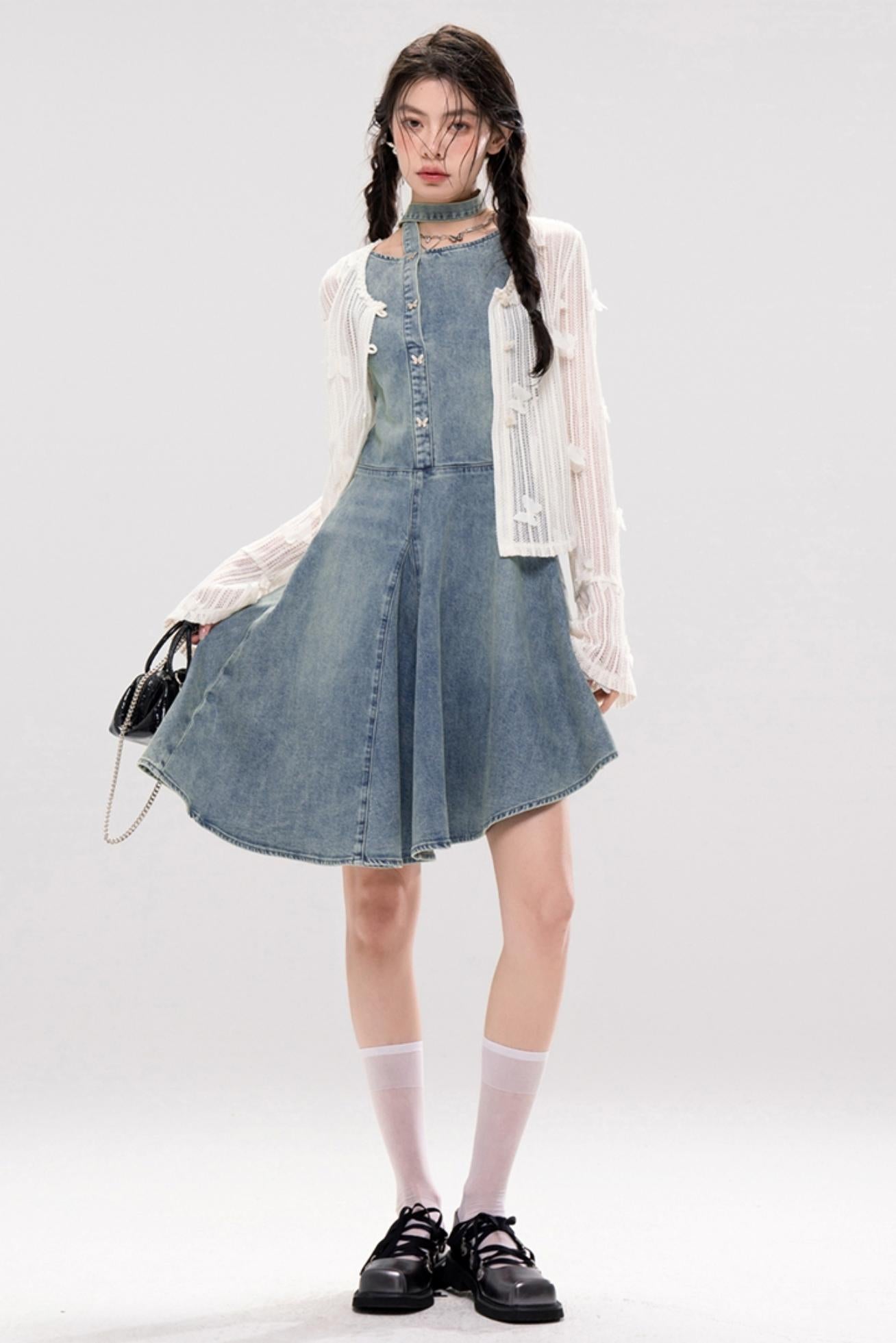 Elegant Ribbon Denim Dress