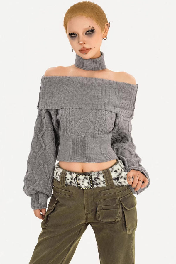 Retro Off-Shoulder Camel Sweater