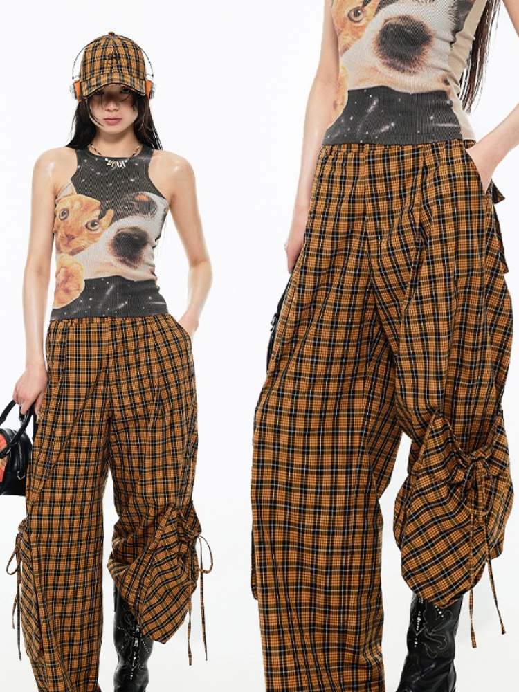 Relax Plaid Wide Leg Cargo Pants