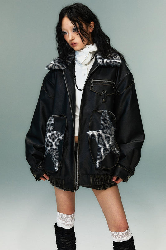 Star Leopard Print Vintage Leather Jacket